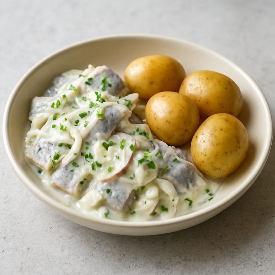 Matjes nach Hausfrauenart mit Pellkartoffeln