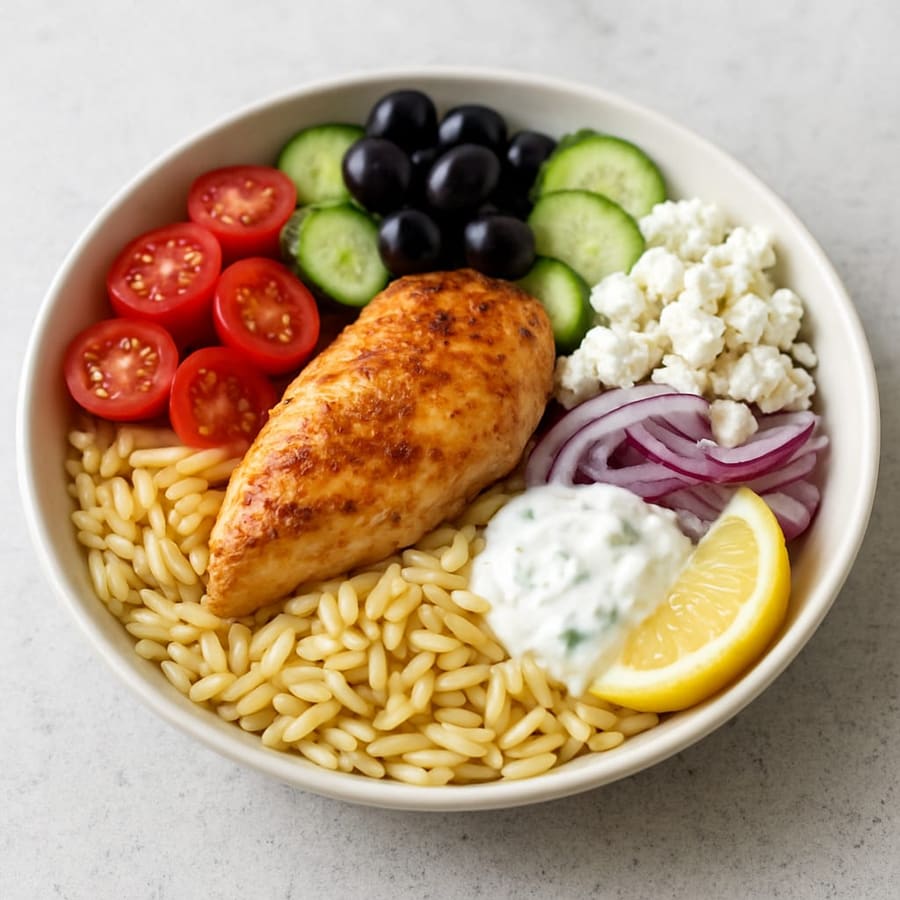 Mediterrane Hähnchen-Bowl mit Orzo, Tomate, Oliven, Feta und Tzatziki