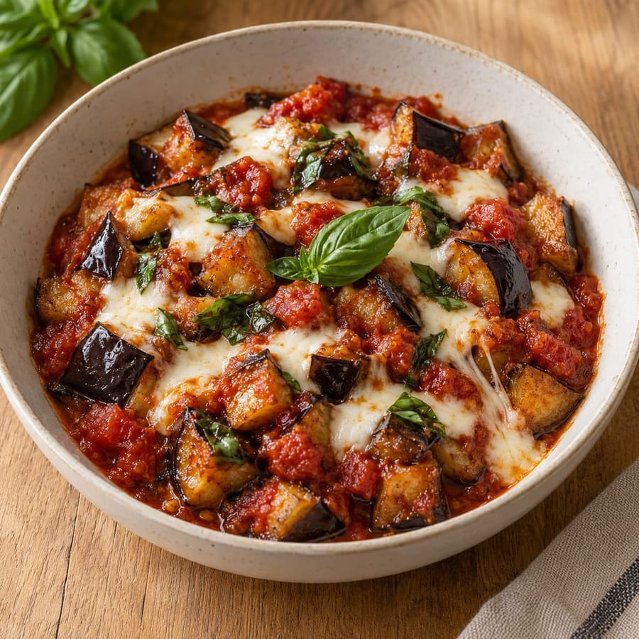Gebratene Aubergine "a funghetto" mit Tomate und geschmolzenem Mozzarella