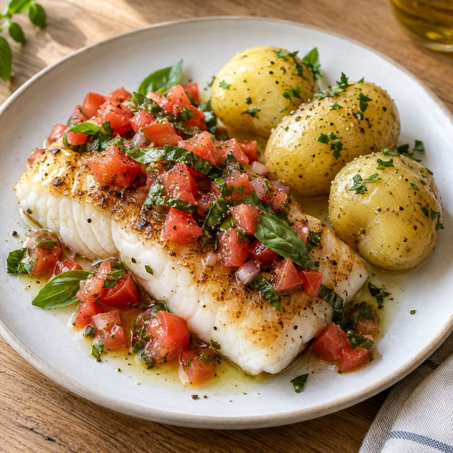 Seehecht mit Sauce Vierge und Salzkartoffeln