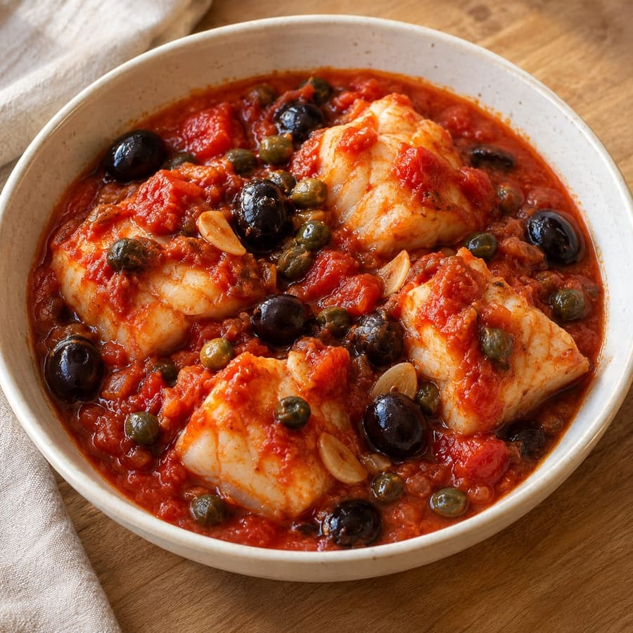 Kabeljau alla livornese in Tomatensauce mit Oliven und Kapern