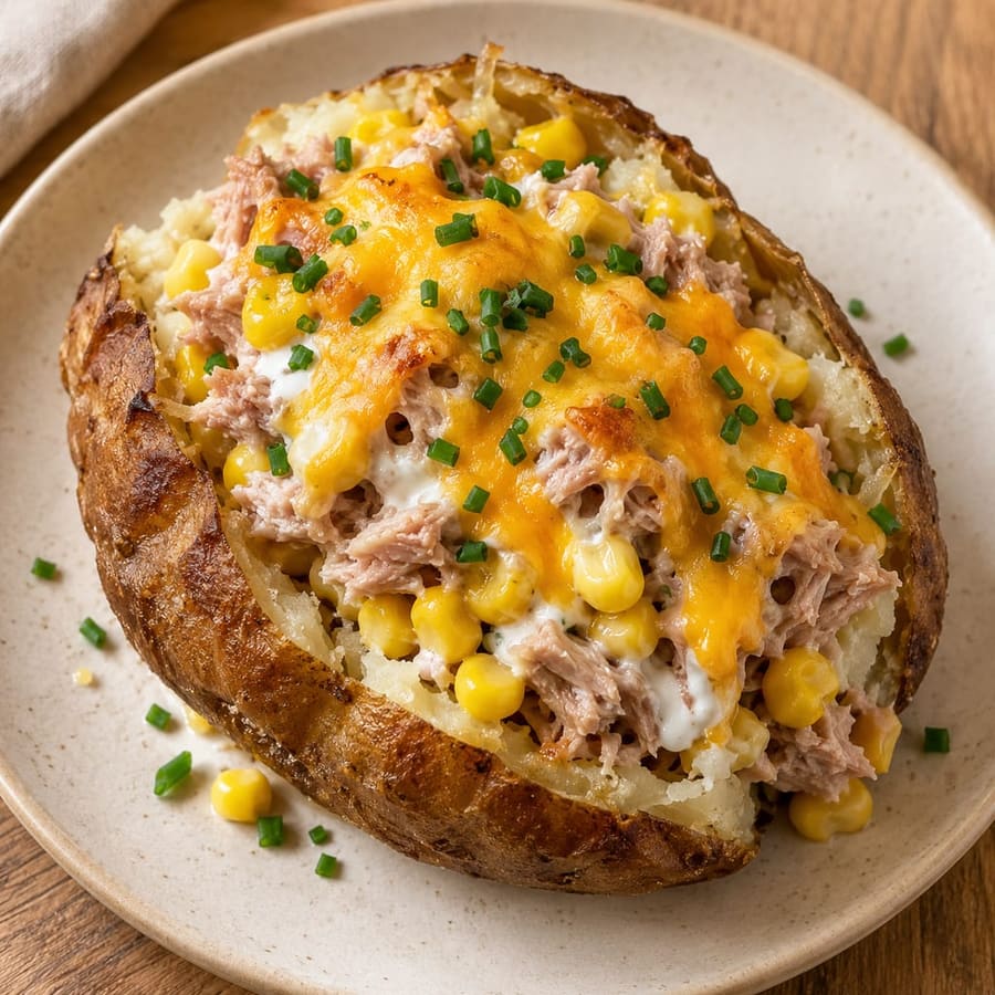 Gefüllte Mikrowellen-Kartoffel mit Thunfisch, Mais und Joghurt