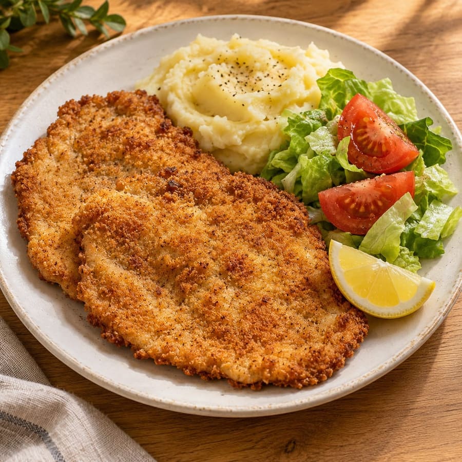 Argentine chicken milanesa with mashed potatoes & tomato salad