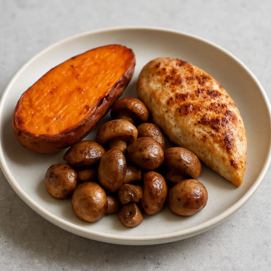 Ofen-Süßkartoffel mit gegrillten Champignons und Hähnchen