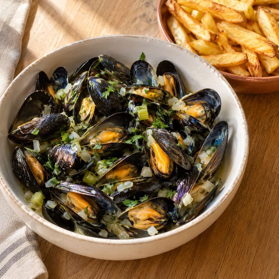 Miesmuscheln mit Pommes (Moules-frites)