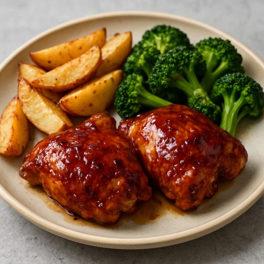 BBQ-Hähnchenschenkel aus dem Ofen mit Kartoffeln und Brokkoli