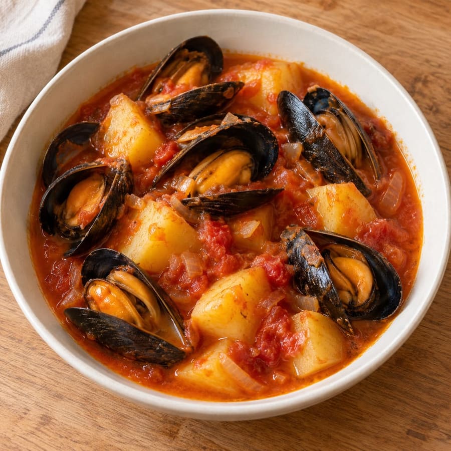 Spanischer Muschel-Kartoffel-Eintopf in Tomaten-Weißwein-Sauce