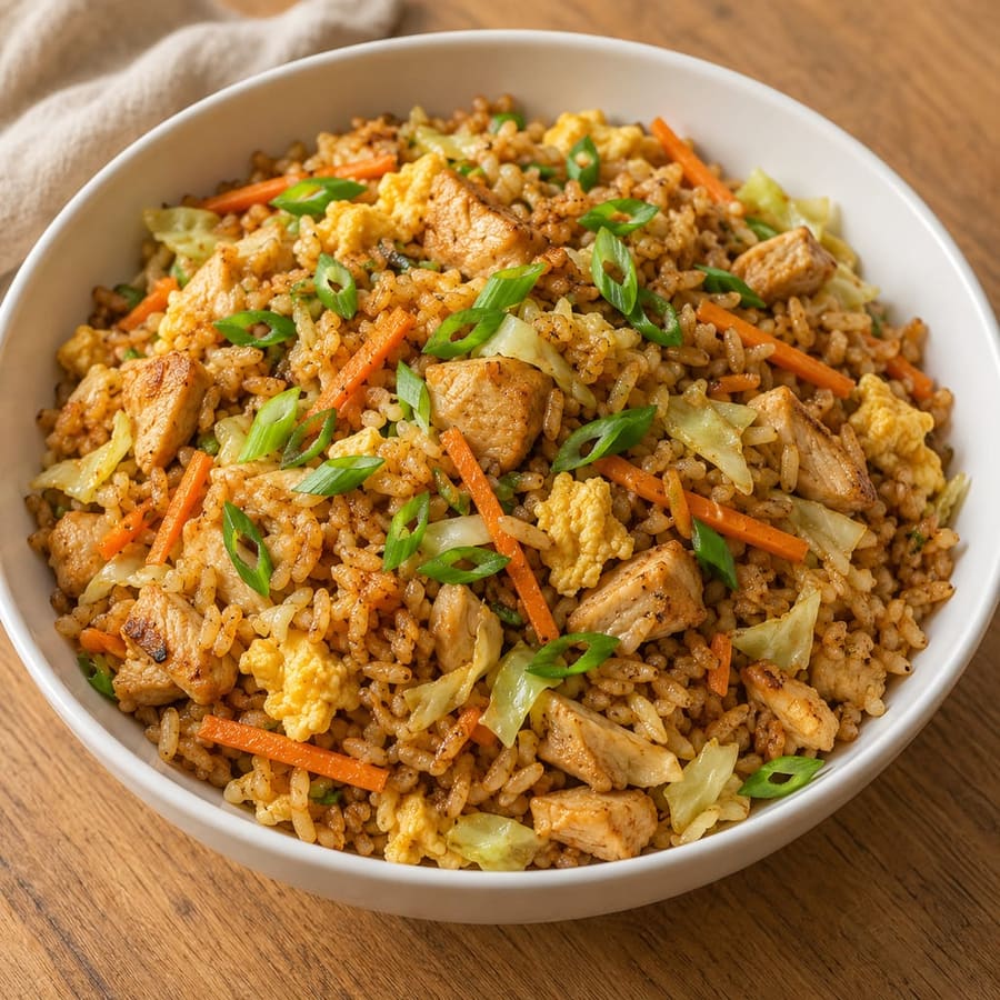 Nasi Goreng (gebratener Reis nach indonesischer Art mit Hähnchen, Ei und Gemüse)