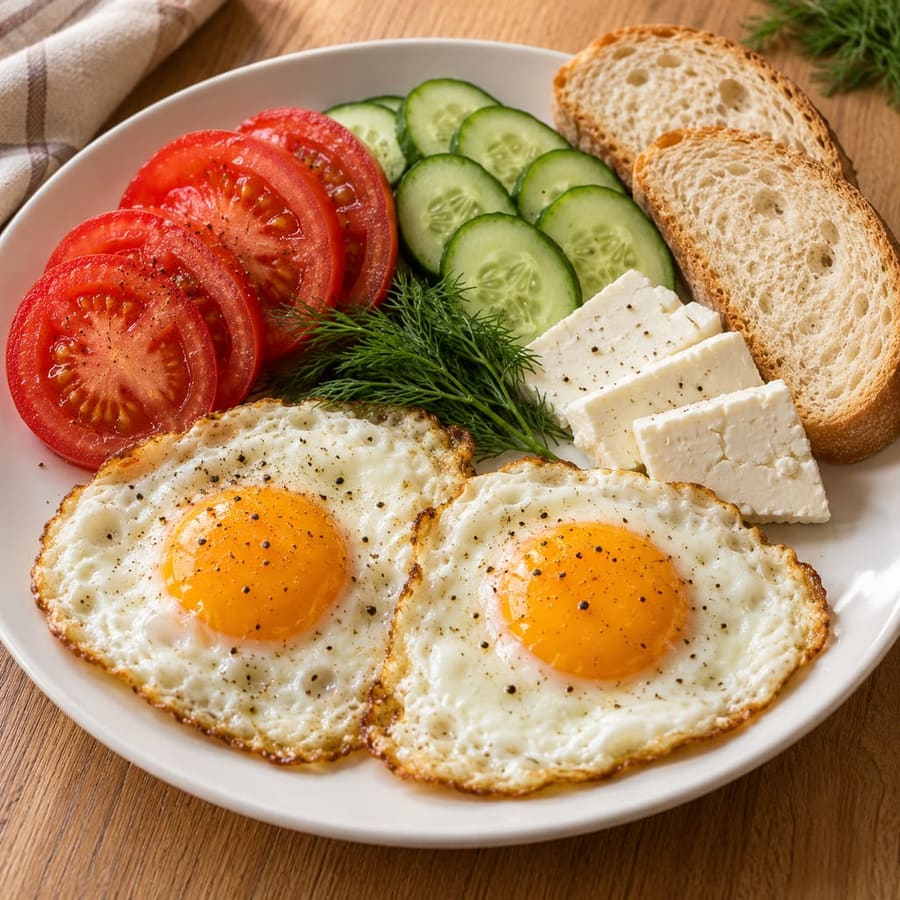 Ochiuri (uova al tegamino) con pomodoro, cetriolo, feta e pane