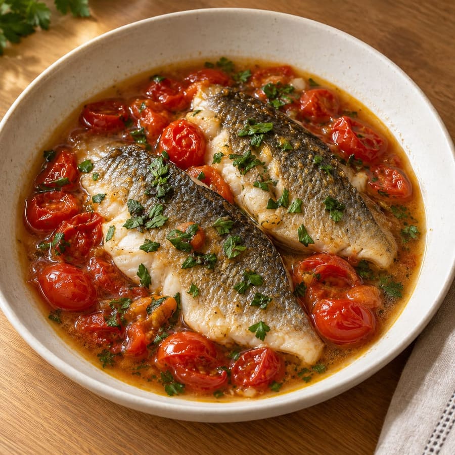 Dorade im "verrückten Wasser" mit Kirschtomaten und Petersilie (Orata all'acqua pazza)