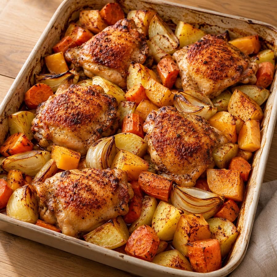 Ovnsbakt kylling (Hähnchenschenkel aus dem Ofen) mit Kartoffeln, Karotten und Steckrübe