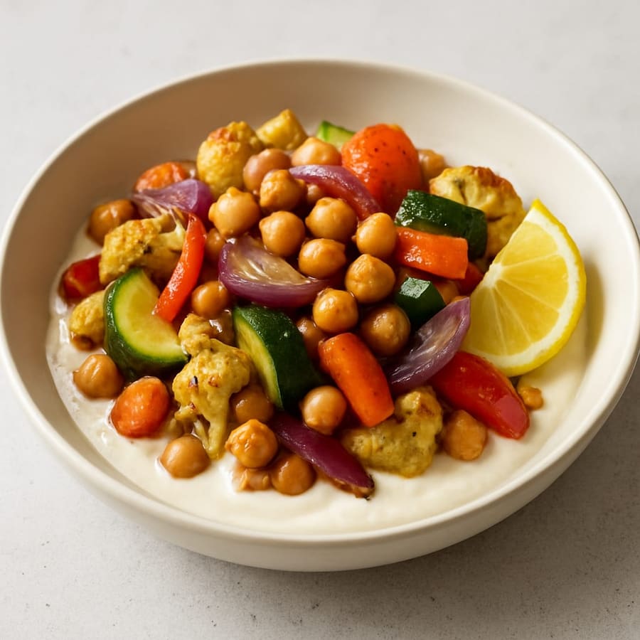 Gebratene Kichererbsen und Gemüse auf Joghurt-Tahin-Zitronen-Sauce