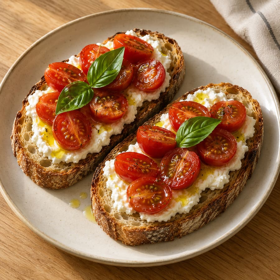 Bread with ricotta, olive oil and cherry tomatoes