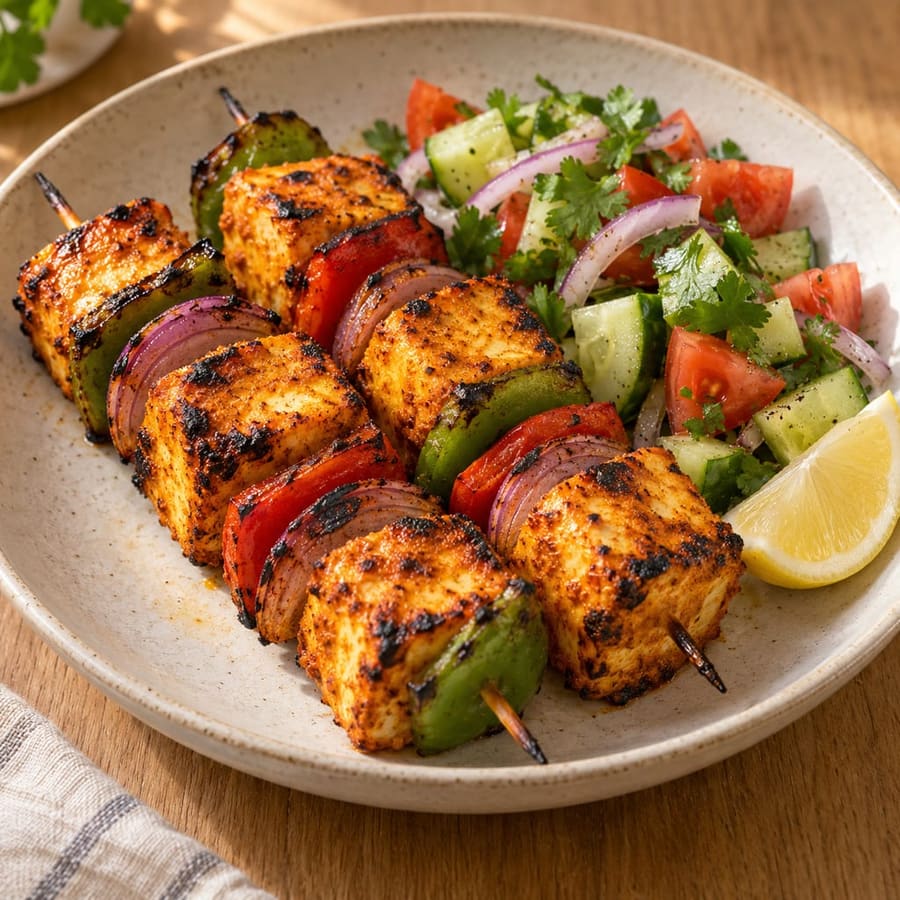 Paneer Tikka mit frischem Salat