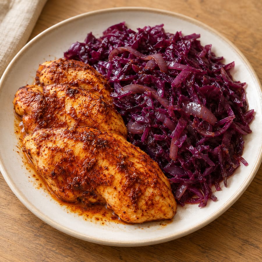 Paprika-Hähnchen mit geschmortem Rotkohl