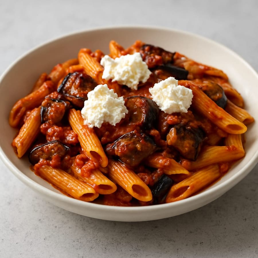 Pasta alla Norma with aubergine and ricotta