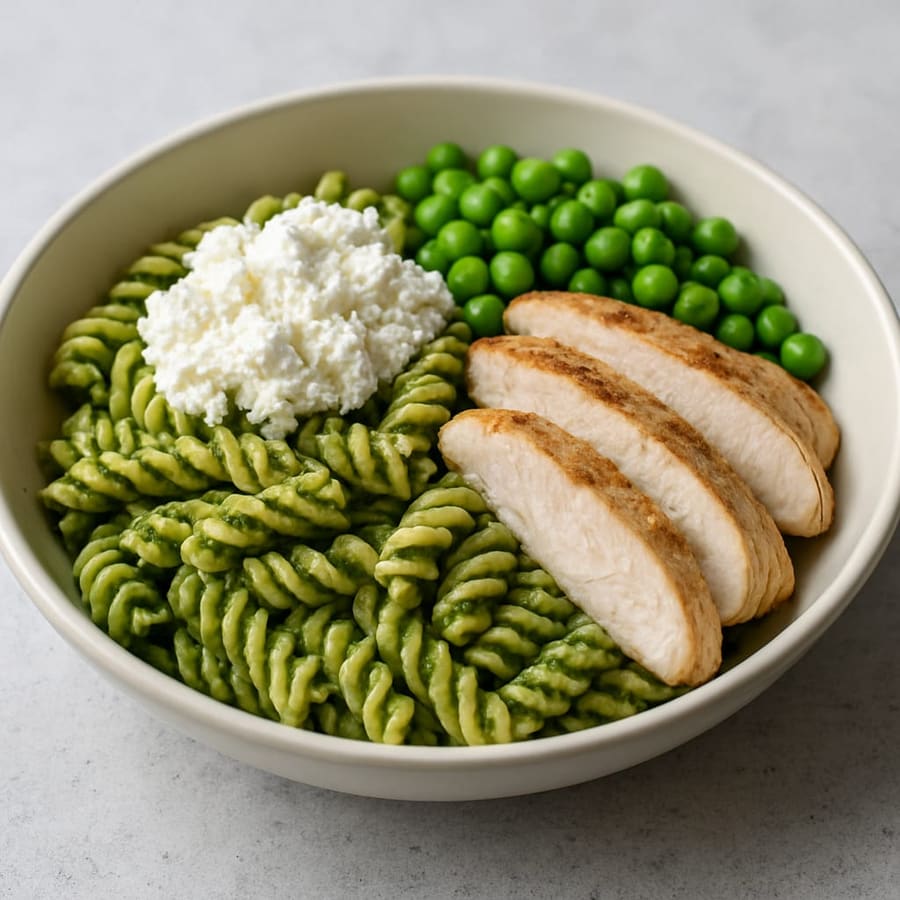 Pasta mit Pesto, Ricotta, Hähnchen und Erbsen