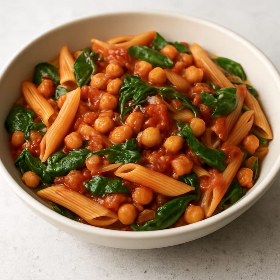Pasta mit Tomaten, Spinat und Kichererbsen
