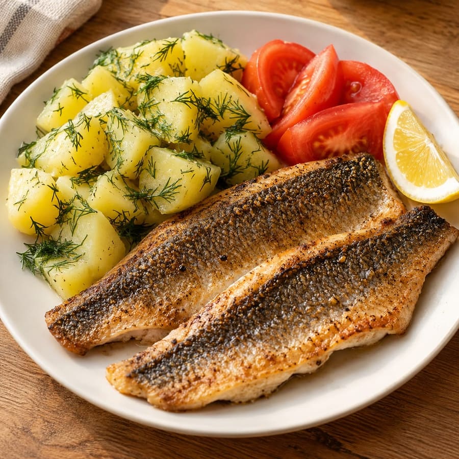 Păstrăv la tigaie (in der Pfanne gebratene Forelle) mit Dillkartoffeln und Tomate