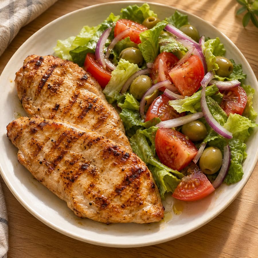 Gebratenes Putenfilet mit Tomaten-Oliven-Salat