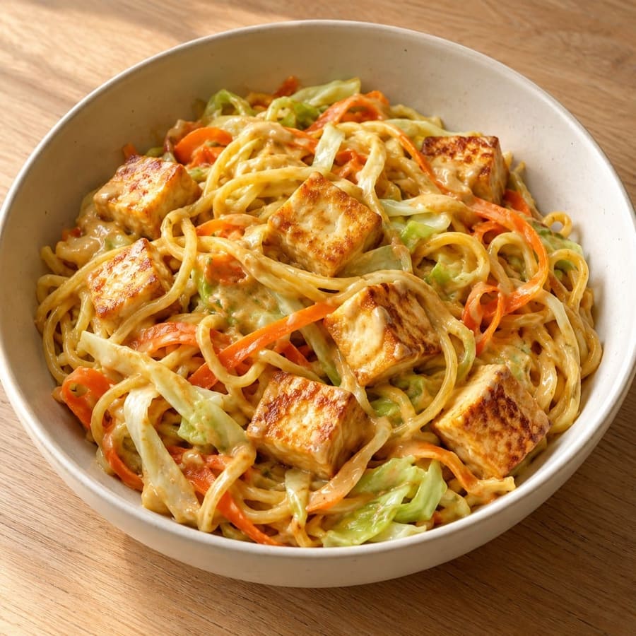 Erdnussnudeln mit Tofu und Kohl
