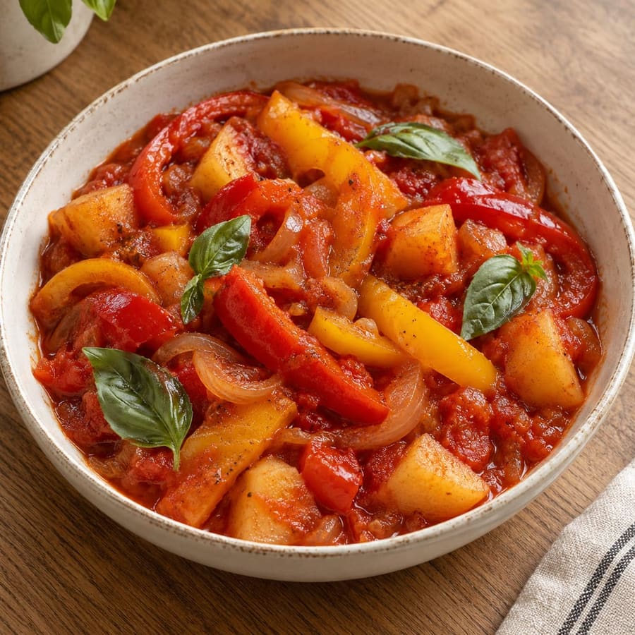 Peperonata mit Kartoffeln (geschmorte Paprika mit Tomate und Kartoffeln)