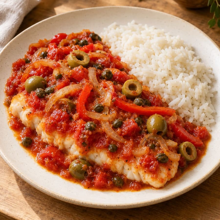 Fisch Veracruz-Art mit Tomate, Kapern und weißem Reis
