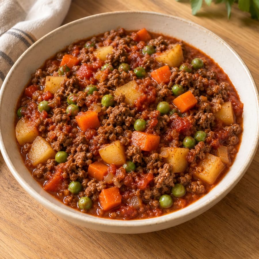 Picadillo mit Sojagranulat, Kartoffeln und Karotten