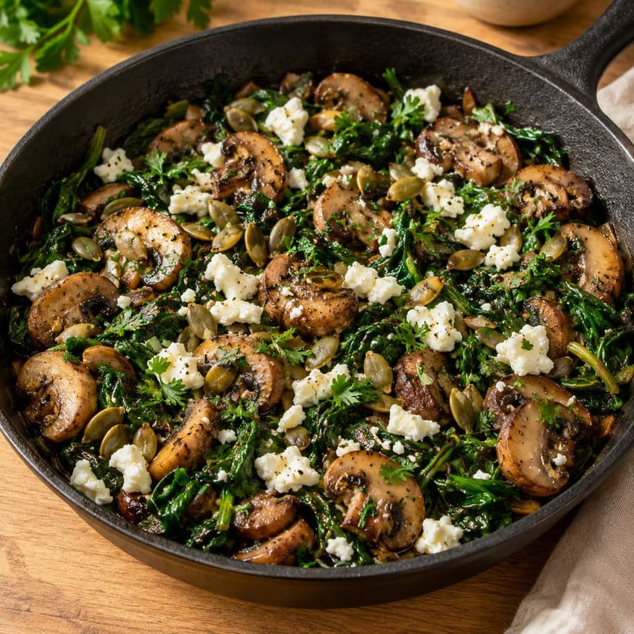 Pilz-Spinat-Pfanne mit Feta