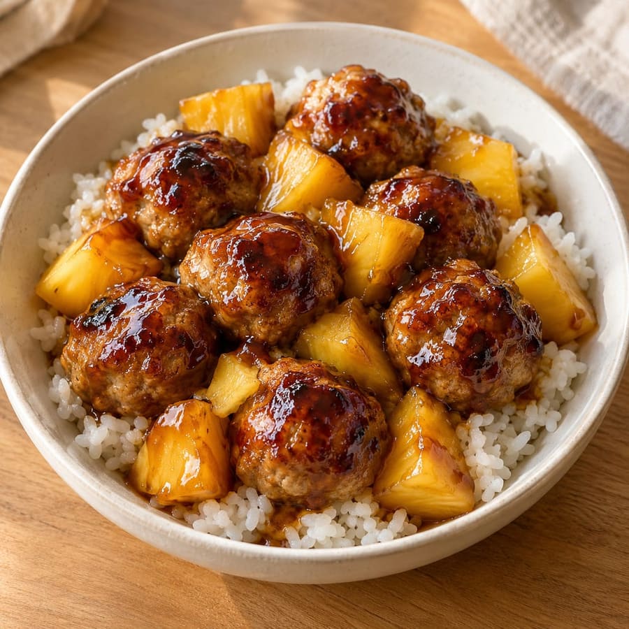 Bowls de arroz con albóndigas de pavo y piña teriyaki