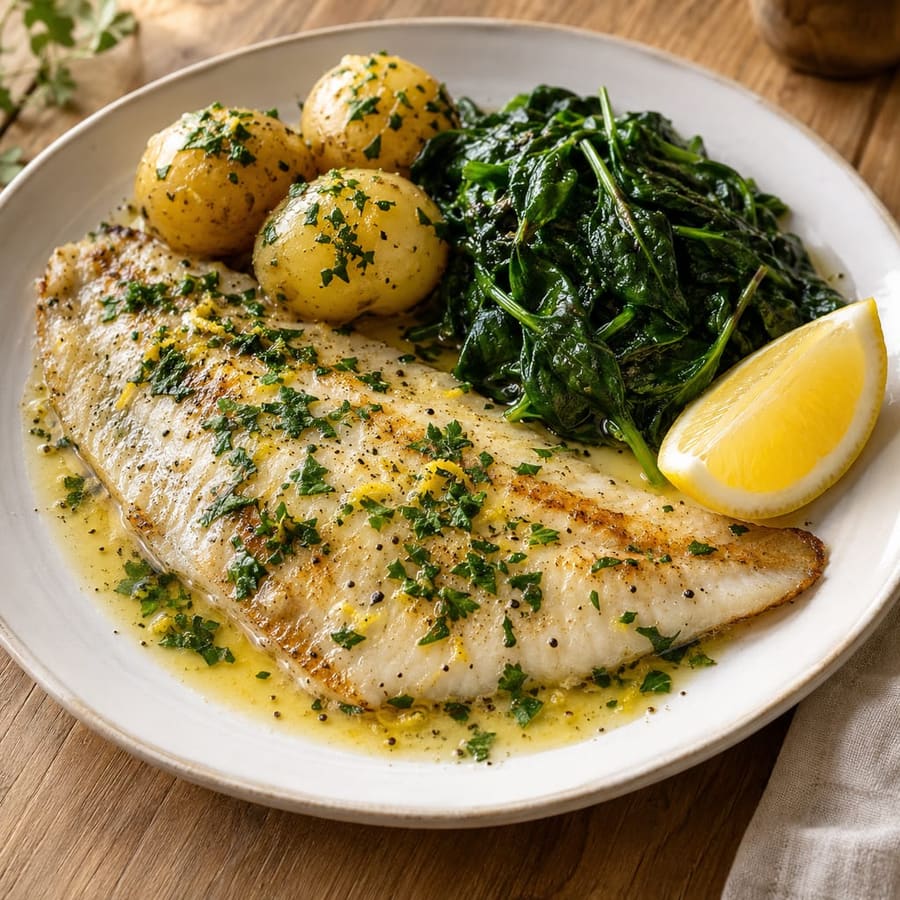 Schollenfilet in Zitronenbutter mit Spinat und Kartoffeln