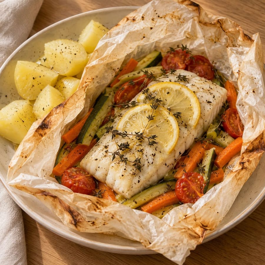 Fisch in Pergamentpapier mit Gemüse