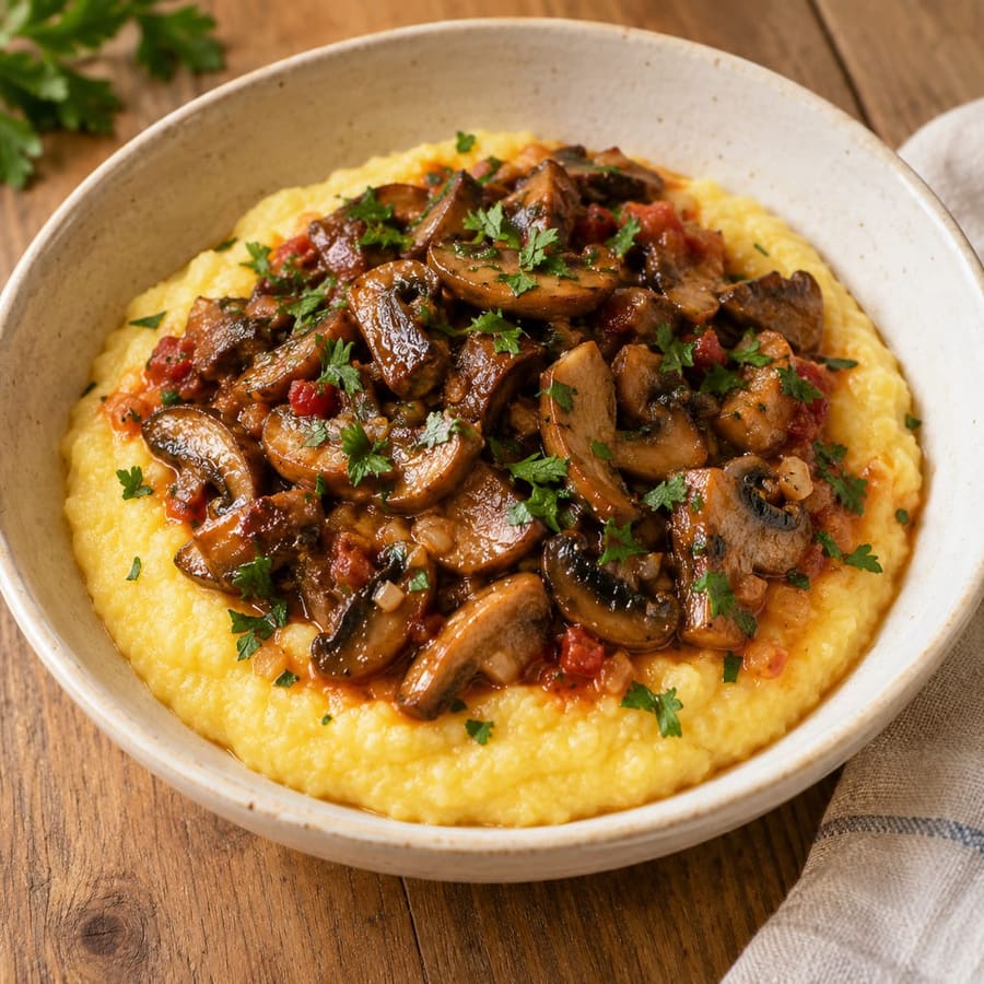 Weiche Polenta mit Champignons in Knoblauch und Petersilie (Funghi trifolati)