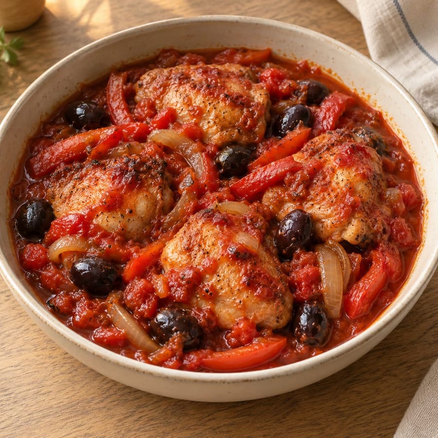 Hähnchen alla cacciatora mit Paprika, Tomate und Oliven