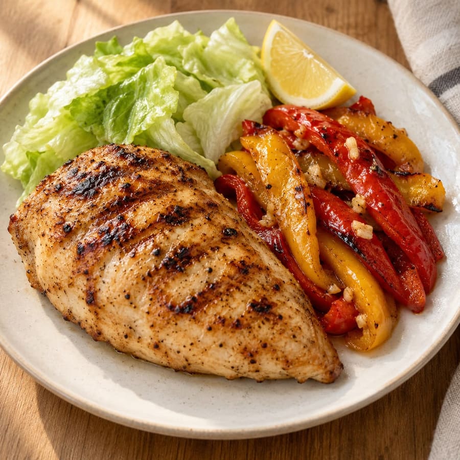 Gegrillte Hähnchenbrust mit gerösteten Paprika und Knoblauch