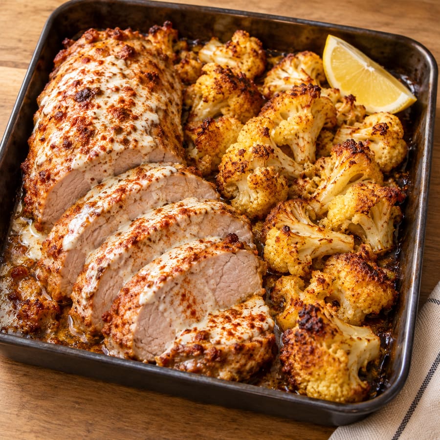 Schweinelachs aus dem Ofen mit Joghurt und gewürztem Blumenkohl