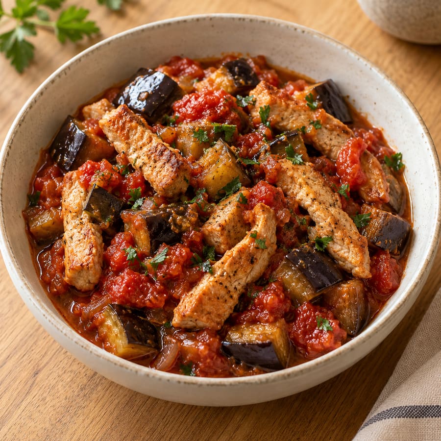 Schweinelachs-Streifen mit Aubergine und Tomate