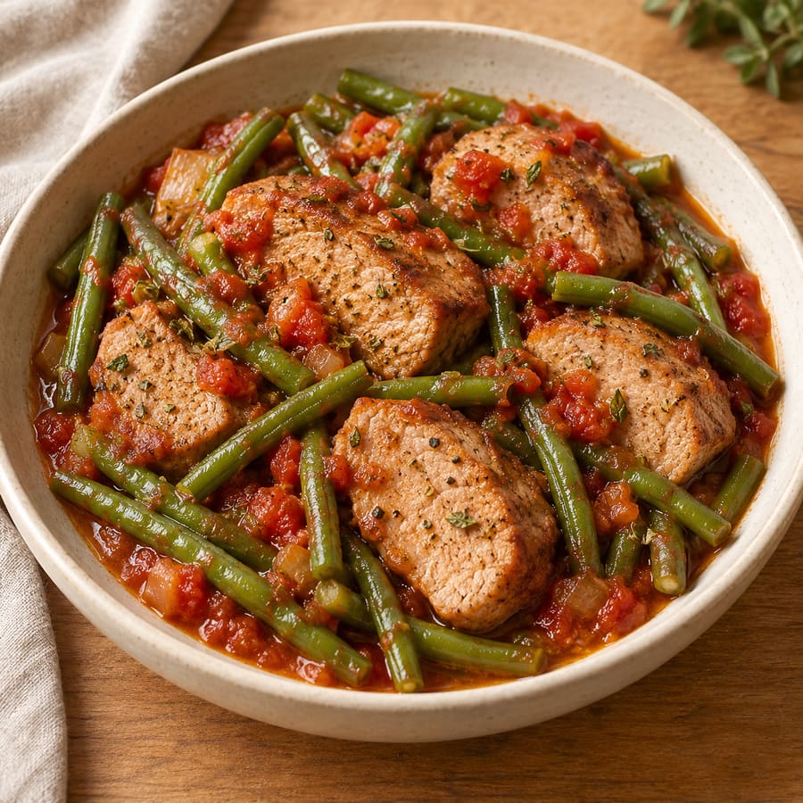 Schweinelachs mit grünen Bohnen in Tomaten-Oregano-Sauce