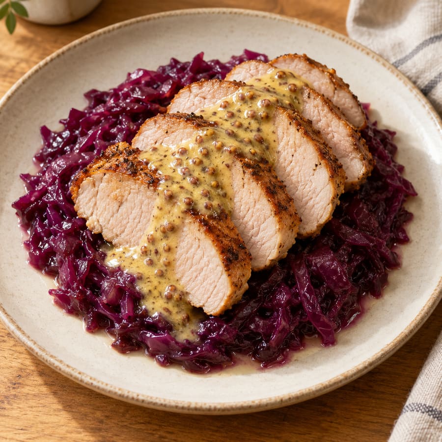 Schweinelachs mit Senf-Rotkohl