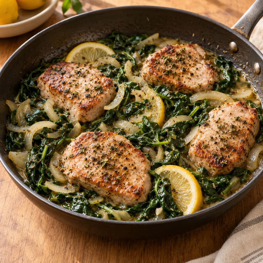 Schweinelachs nach griechischer Art mit Spinat und Zitrone