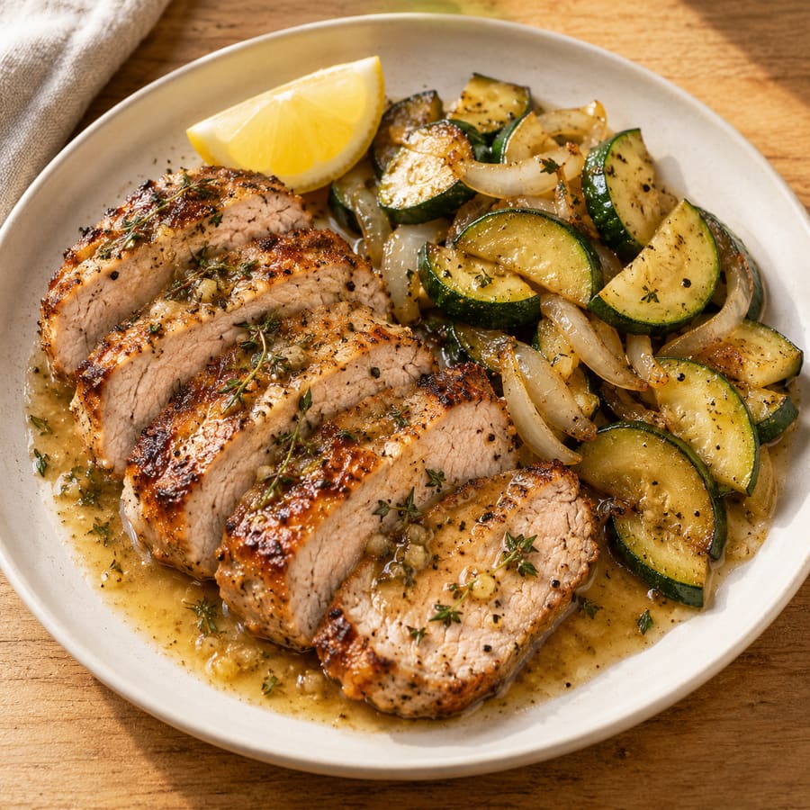 Schweinelachs mit Zitrone und Thymian auf Zucchini