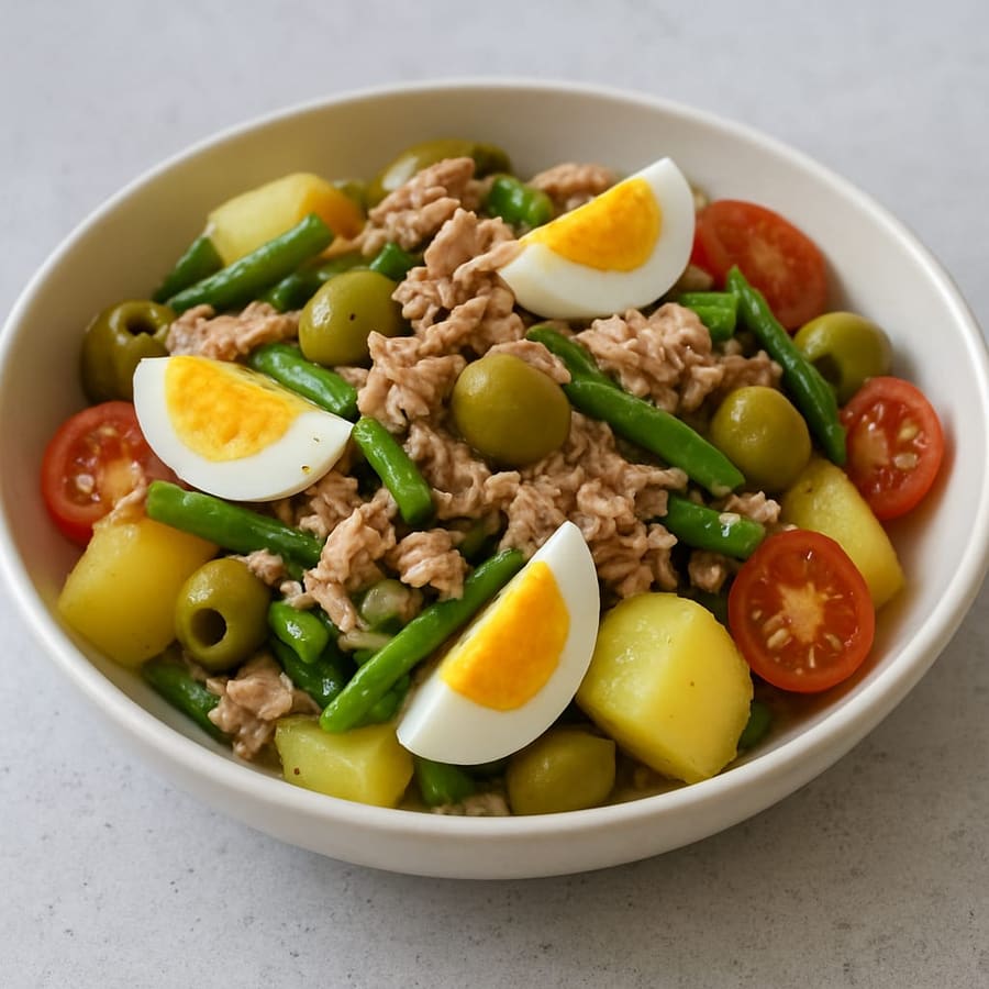 Kartoffelsalat mit grünen Bohnen, Thunfisch, Ei und Oliven