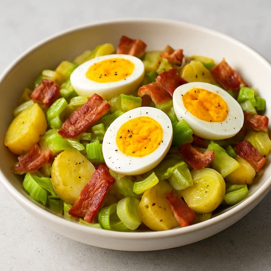 Kartoffel-Lauch-Salat mit Ei und knusprigem Speck