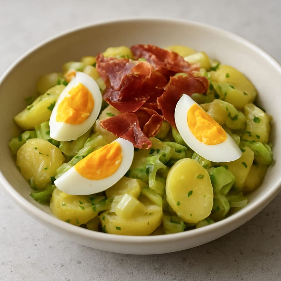 Ensalada de patata y puerro con huevo y jamón serrano crujiente