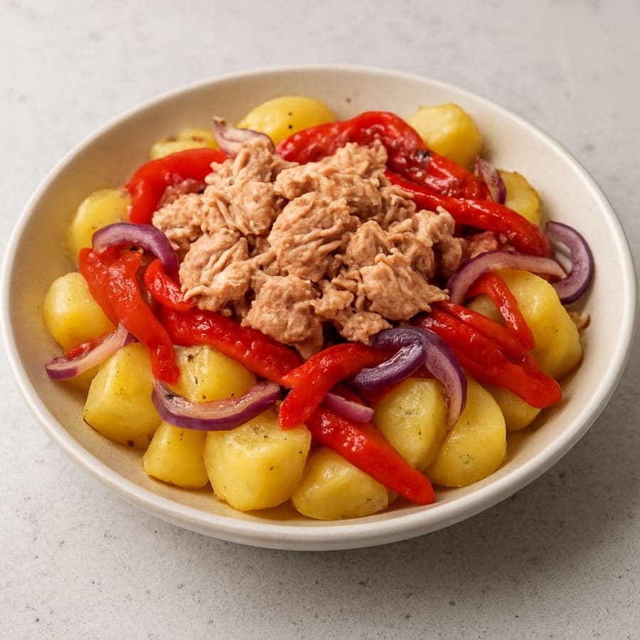 Kartoffelsalat mit Thunfisch, gerösteter Paprika und Zwiebel