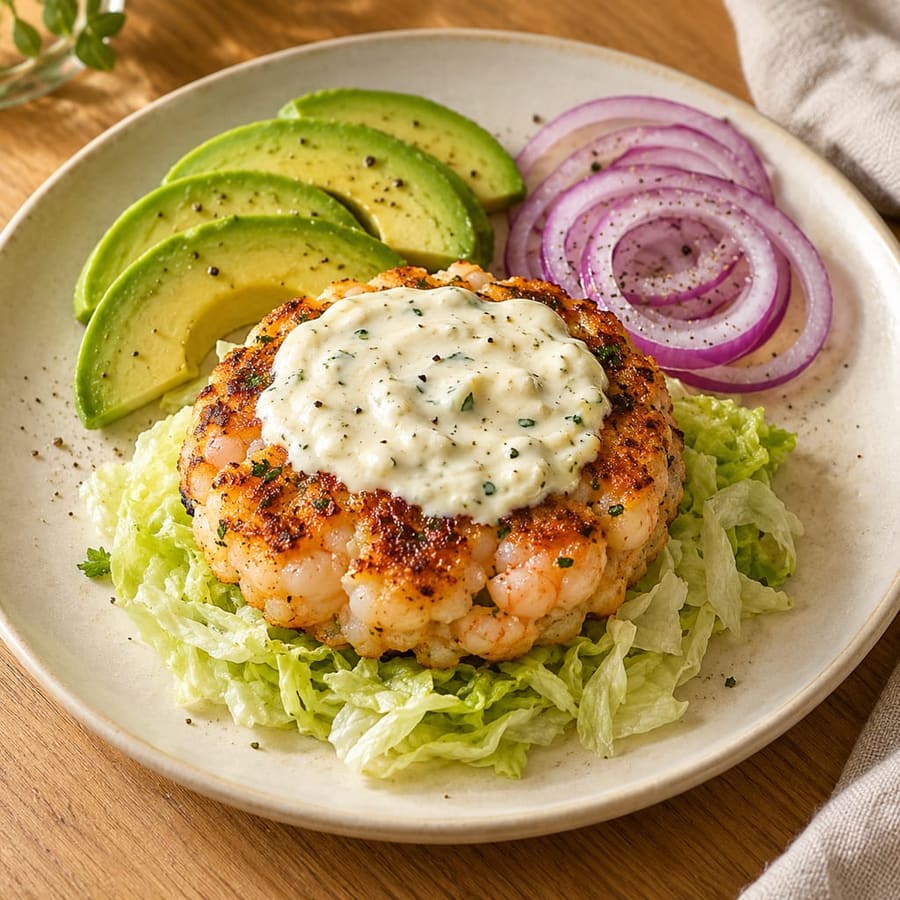 Garnelen-Burger mit hausgemachtem Aioli, Salat, Zwiebel und Avocado