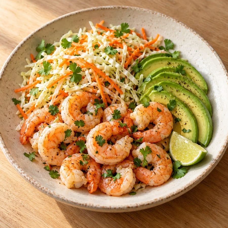 Garnelen mit Krautsalat und Avocado