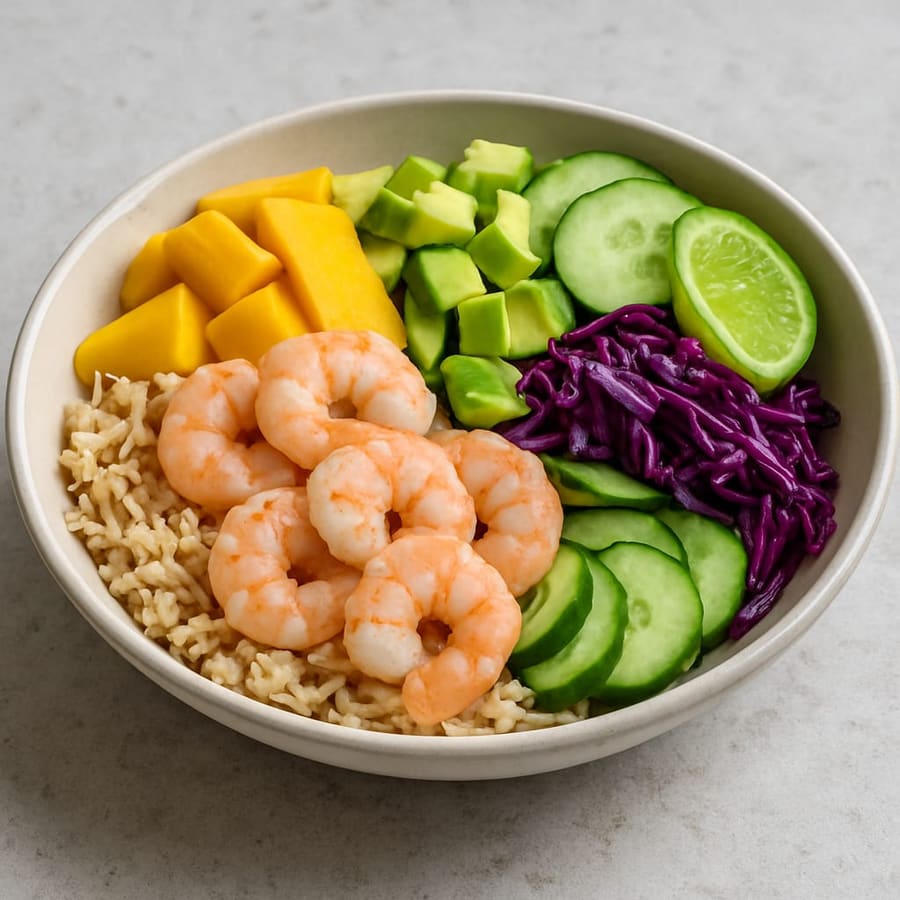 Garnelen-Bowl mit Vollkornreis, Mango, Avocado und Limettendressing