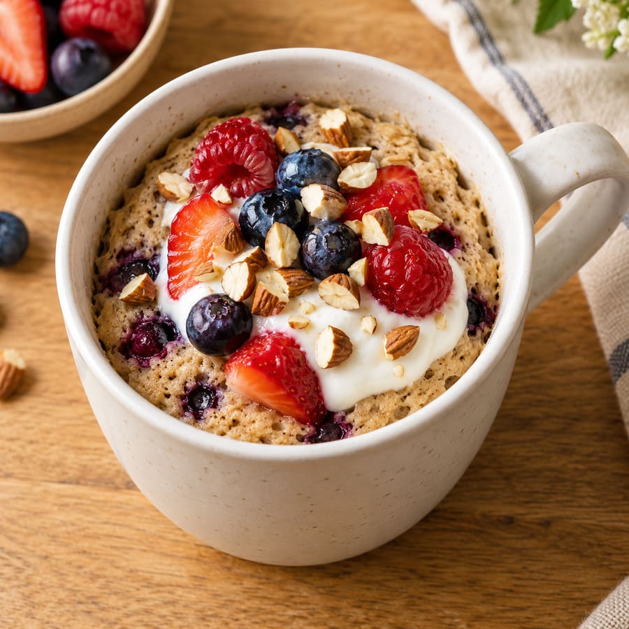 Mug cake proteico all'avena con frutti di bosco