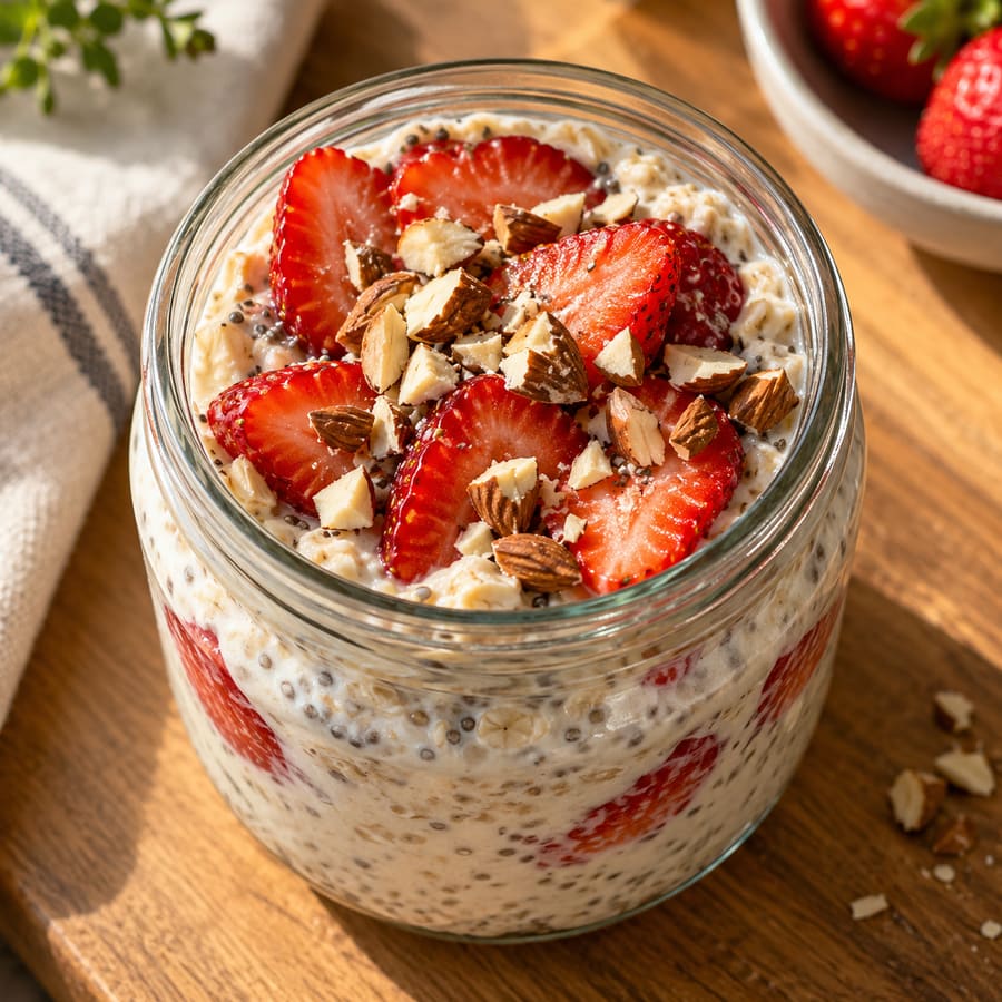 Overnight oats proteici con quark e fragole